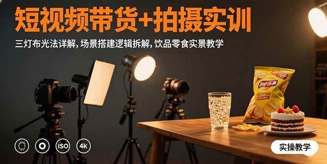 （15540期）短视频带货+拍摄实训：三灯布光法详解,场景搭建逻辑拆解,饮品零食实景教学-鲲鹏云网创