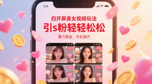 四开屏美女视频玩法，引s粉轻轻松松，暴力掘金，手机操作【揭秘】-鲲鹏云网创
