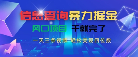 信息查询暴力掘金，一天三条视频，轻松变现四位数，风口项目干就完了【揭秘】-鲲鹏云网创