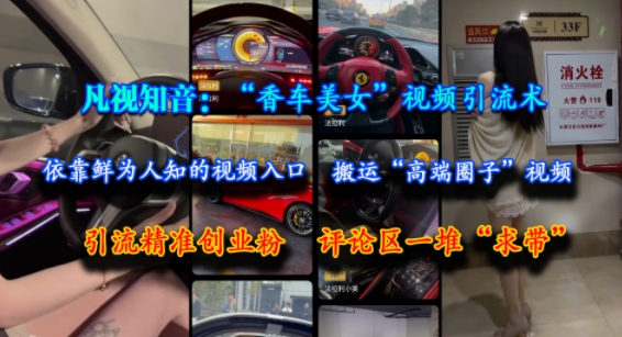 凡视知音：“香车美女”视频引流术，依靠鲜为人知的视频入口，搬运“高端圈子”视频，引流精准创业粉，评论区一堆“求带”-鲲鹏云网创