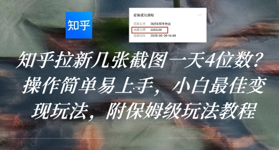 知乎拉新几张截图一天4位数？操作简单易上手，小白最佳变现玩法，附保姆级玩法教程-鲲鹏云网创