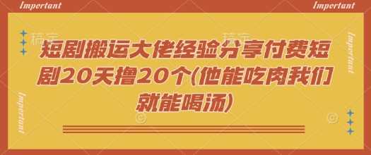 短剧搬运大佬经验分享付费短剧20天撸20个(他能吃肉我们就能喝汤)-鲲鹏云网创