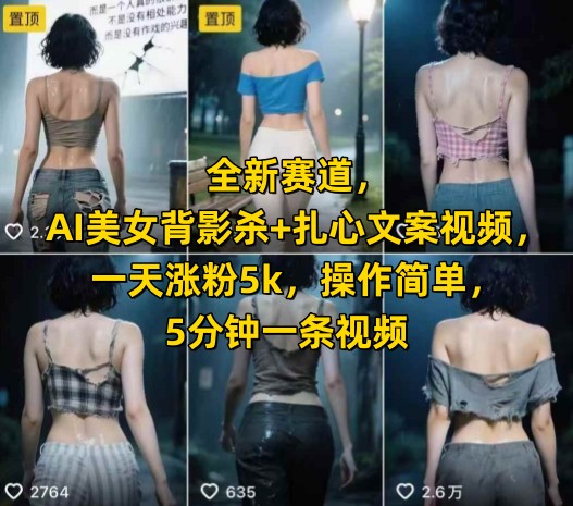 全新赛道，AI美女背影杀+扎心文案视频，一天涨粉5k，操作简单，5分钟一条视频-鲲鹏云网创