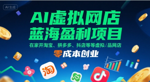 AI虚拟网店蓝海盈利项目，在家开淘宝、拼多多、抖店等虚拟品网店，零成本创业-鲲鹏云网创