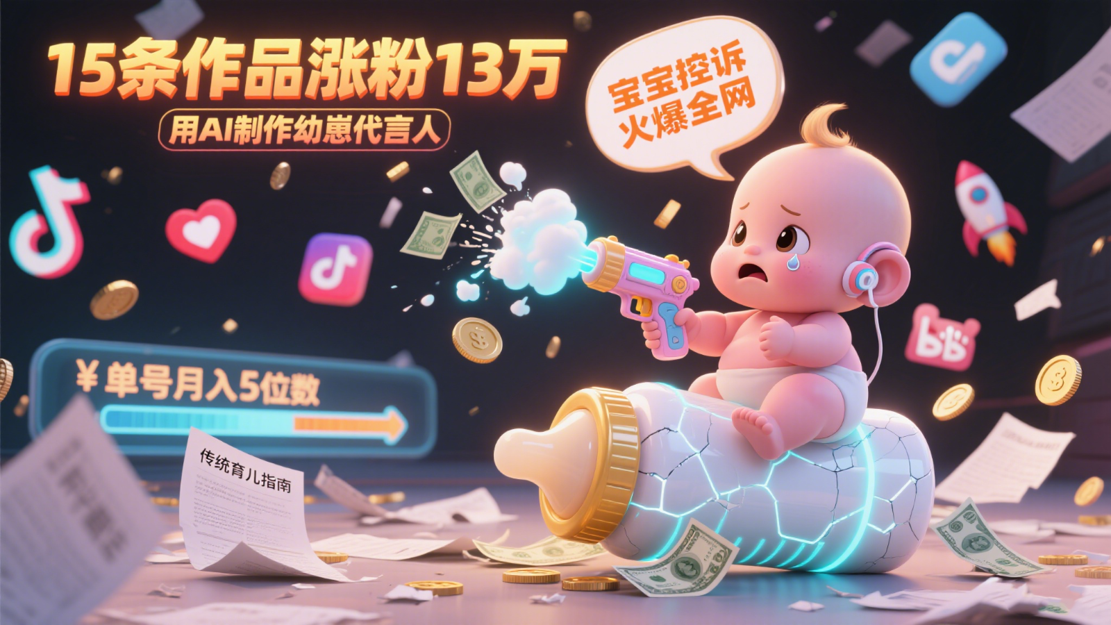 用AI制作幼崽代言人，宝宝的控诉火爆全网，15条作品涨粉13万，单号月入5位数实操教程-鲲鹏云网创