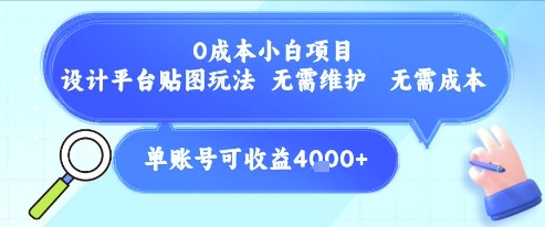 0成本小白项目，设计平台贴图玩法，无需维护，无需成本，单账号单月可产生收益4k+-鲲鹏云网创