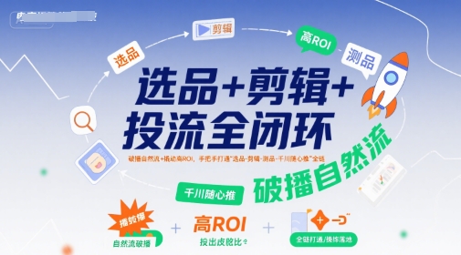 选品+剪辑+投流全闭环，破播自然流+撬动高ROI，手把手打通“选品-剪辑-测品-千川随心推”全链-鲲鹏云网创