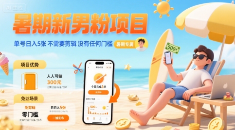 暑期新男粉项目 单号日入5张 不需要剪辑 没有任何门槛-鲲鹏云网创