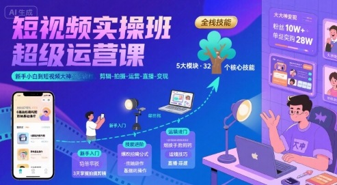 短视频实操班超级运营课，新手小白到短视频大神必修课程，剪辑-拍摄-运营-直播-变现-鲲鹏云网创