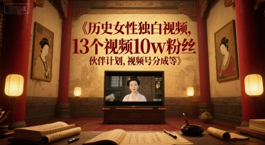 历史女性独白视频，13个视频10w粉丝，伙伴计划，视频号分成等-鲲鹏云网创