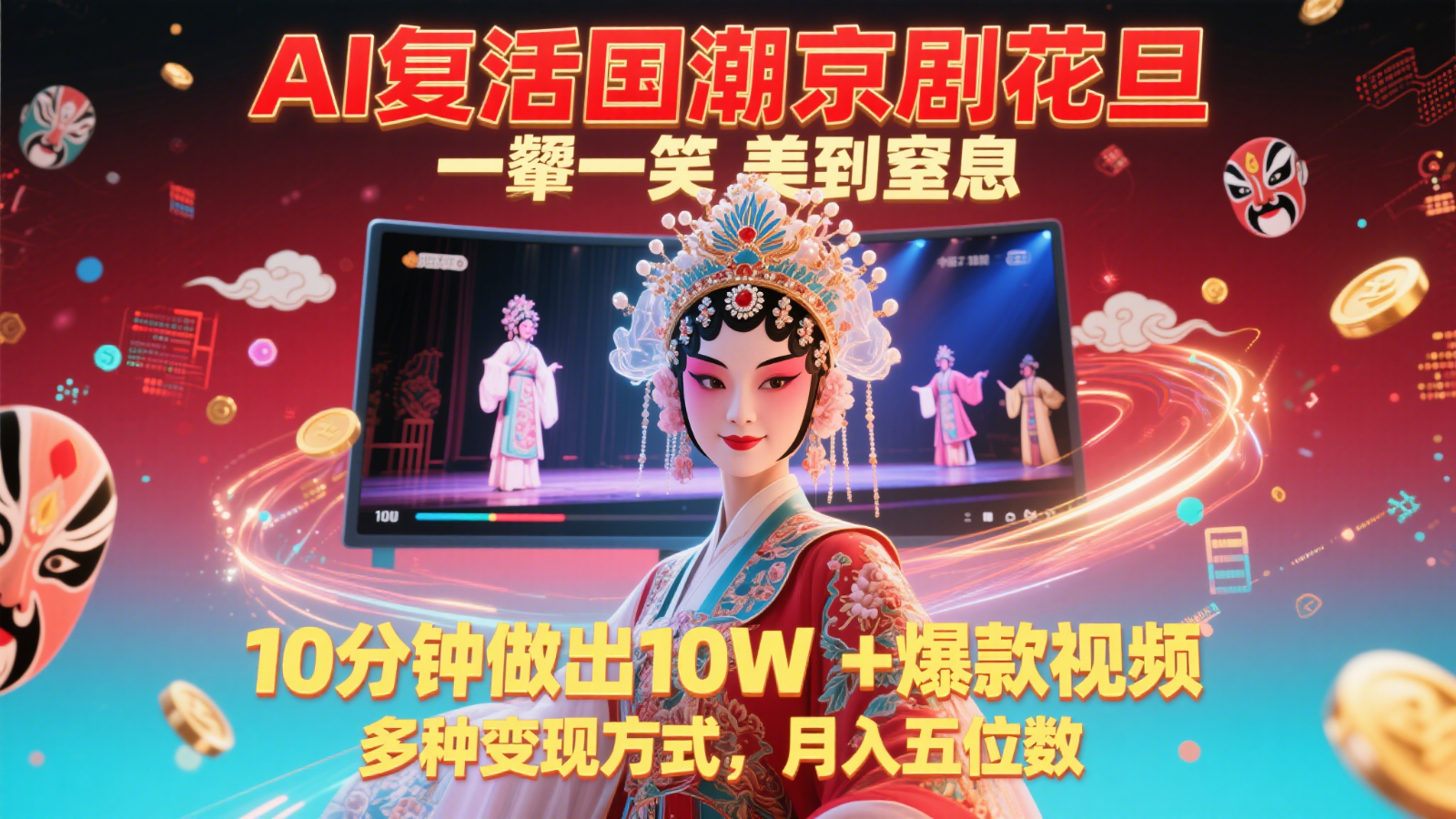 AI复活国潮京剧花旦，一颦一笑美到窒息，10分钟做出10W+爆款视频，多种变现方式，…-鲲鹏云网创