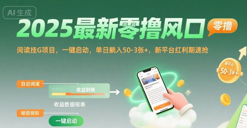 2025最新零撸风口，阅读挂G项目，一键启动，单日躺入 50-3张+，新平台红利期速抢【揭秘】-鲲鹏云网创