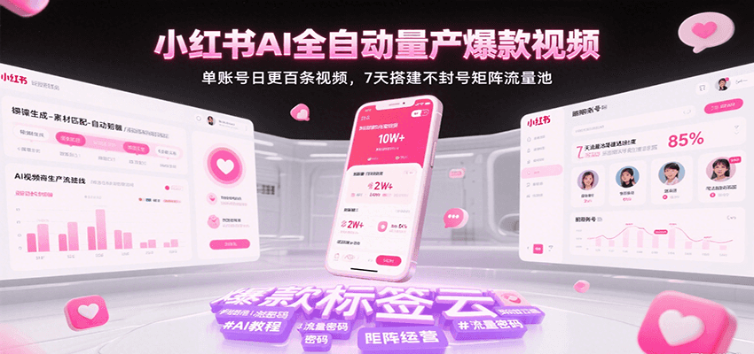 小红书AI全自动量产爆款视频，单账号日更百条视频，7天搭建不封号矩阵流量池-鲲鹏云网创
