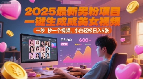 2025最新男粉项目，一键生成美女视频，日引600+色粉 十秒一个视频，小白轻松日入5张【揭秘】-鲲鹏云网创