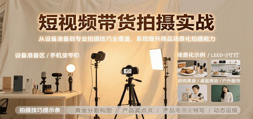 短视频带货拍摄实战，从设备准备到专业拍摄技巧全覆盖，系统提升商品场景化拍摄能力-鲲鹏云网创