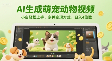 AI生成萌宠动物视频，小白轻松上手，多种变现方式，日入4位数-鲲鹏云网创