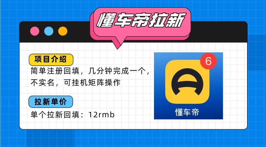 （15661期）懂车帝邪修拉新玩法，简单注册回填，不sm，单个拉新12rmb，轻松日入200+-鲲鹏云网创