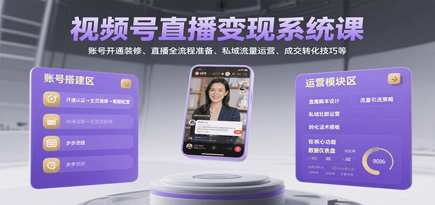 视频号直播变现系统课，账号开通装修、直播全流程准备、私域流量运营、成交转化技巧等-鲲鹏云网创