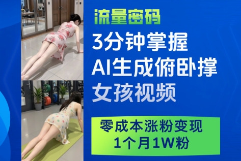 3分钟掌握AI生成俯卧撑女孩视频，零成本涨粉变现，1个月1W粉-鲲鹏云网创