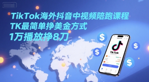 TikTok海外抖音中视频陪跑课程，TK最简单挣美金方式，1万播放挣8刀-鲲鹏云网创