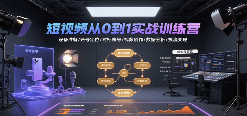 短视频从0到1实战训练营：设备准备/账号定位/对标账号/视频创作/数据分析/投流变现-鲲鹏云网创