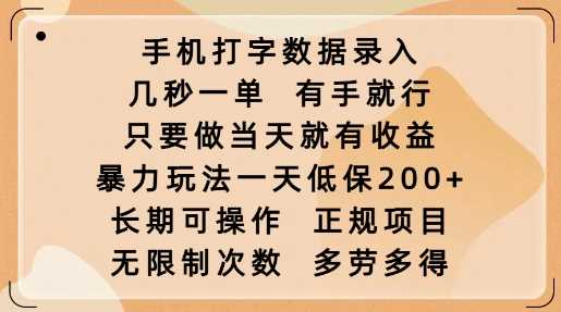 手机打字数据录入，几秒一单，有手就行，只要做当天就有收益，暴力玩法一天低保2张-鲲鹏云网创