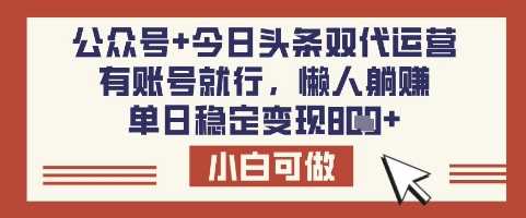 公众号+今日头条双代运营，有账号就行，单日稳定变现8张【揭秘】-鲲鹏云网创