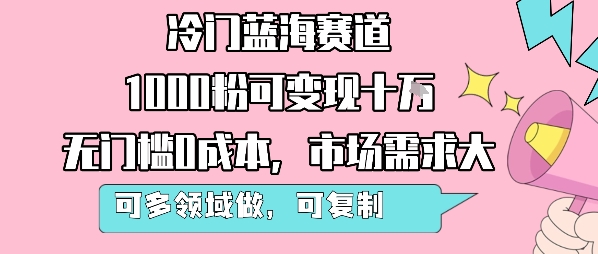 冷门蓝海赛道，1000粉可变现十W，无门槛0成本，市场需求大，可多领域做，可复制性强-鲲鹏云网创