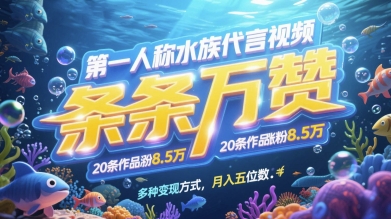 第一人称水族代言视频，条条万赞，20条作品涨粉7.8W，多种变现方式月入五位数-鲲鹏云网创