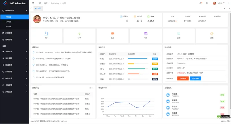 swiftadmin(基于ThinkPHP6 + Layui的开源后台管理系统框架)-鲲鹏云网创