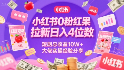 小红书0粉红果短剧拉新日入4位，数短剧总收益10W+大佬实操经验分享-鲲鹏云网创