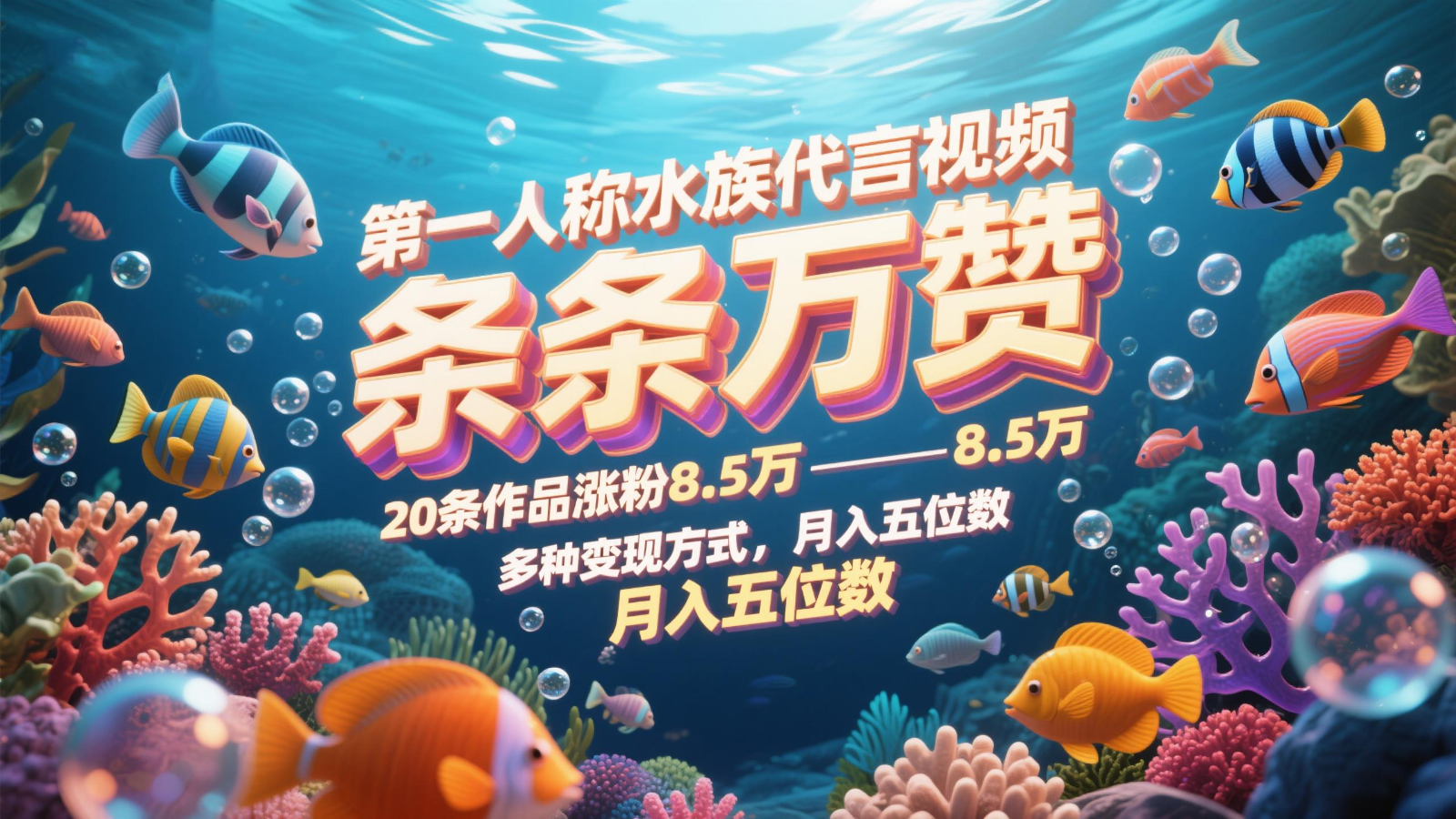 第一人称水族代言视频，条条万赞，20条作品涨粉8.5万，多种变现方式月，入五位数-鲲鹏云网创
