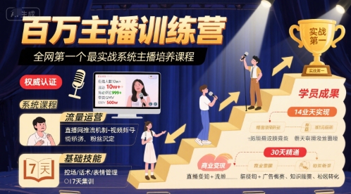 百万主播训练营，全网第一个最实战系统主播培养课程-鲲鹏云网创