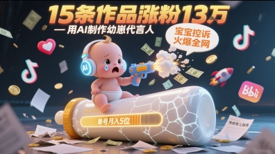 用AI制作幼崽代言人，宝宝的控诉火爆全网，15条作品涨粉13W，单号月入5位数实操教程-鲲鹏云网创