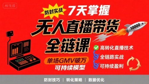 无人直播带货全链防封实战课，7天掌握高转化直播技术，实现单场GMV破万可持续模型-鲲鹏云网创