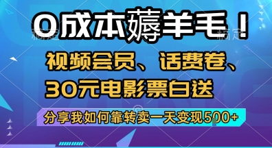 0成本薅羊毛!视频会员、话费卷、30元电影票白送，分享我如何靠转卖一天变现5张+【揭秘】-鲲鹏云网创