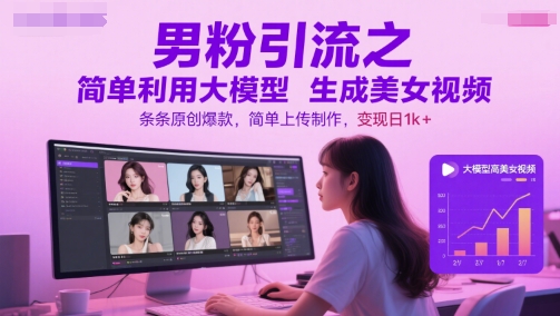 男粉引流之简单利用大模型生成美女视频，条条原创爆款，简单上传制作，变现日1k+-鲲鹏云网创