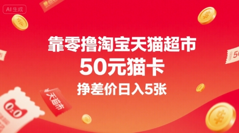 靠零撸淘宝天猫超市50元猫卡，挣差价日入5张-鲲鹏云网创