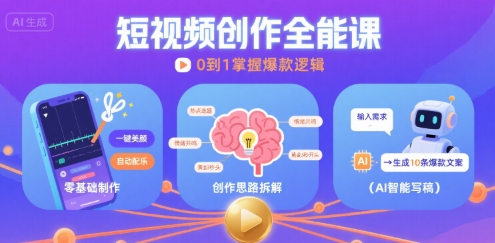 短视频创作课，短视频制作、创作思路、Ai写爆款文案-鲲鹏云网创