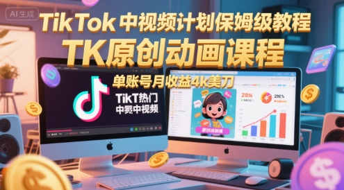 TikTok中视频计划保姆级教程，TK原创动画课程，单账号月收益4k美刀-鲲鹏云网创